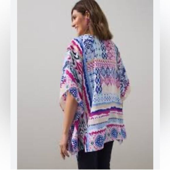 Chicos Multicolor Boho-Print Poncho Blouse With Kimono Sleeves S/M - Picture 4 of 9